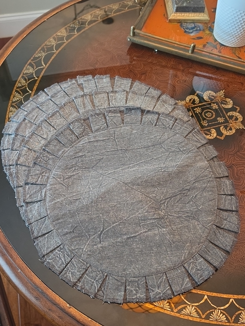 Denim Round Pleated Fabric Placemats - Set of 4